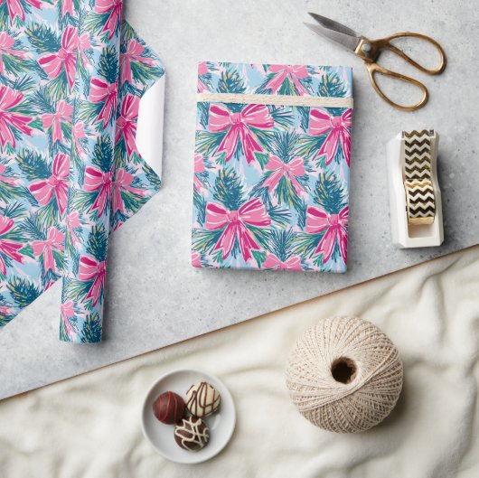 Preppy Roze Bogen en Garland Kerstmis Cadeaupapier (Crafts)