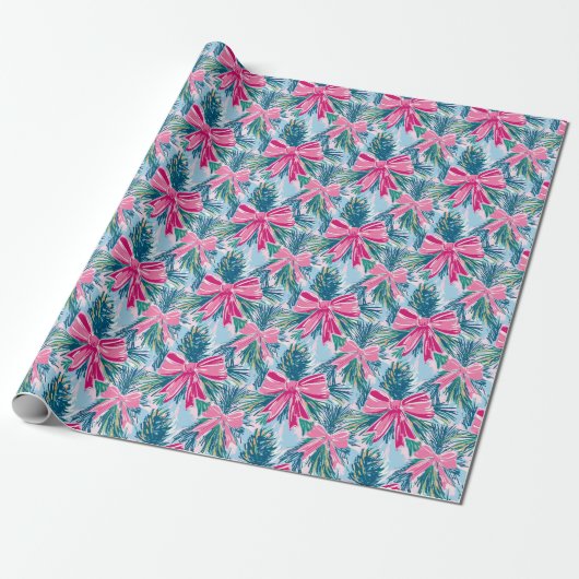 Preppy Roze Bogen en Garland Kerstmis Cadeaupapier (Uitgerold)