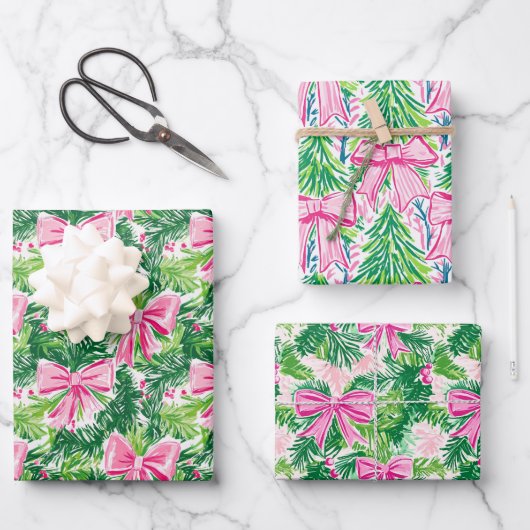 Preppy Roze Bogen en Garland Kerstmis Inpakpapier Vel (Voorkant)