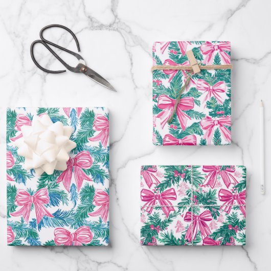 Preppy Roze Bogen en Garland Kerstmis Inpakpapier Vel (Voorkant)