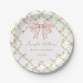 Preppy Roze Bow Bloemen Lente Baby Meisje Douche Papieren Bordje (Voorkant)