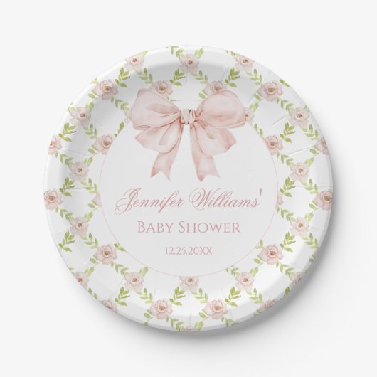 Preppy Roze Bow Bloemen Lente Baby Meisje Douche Papieren Bordje (Voorkant)