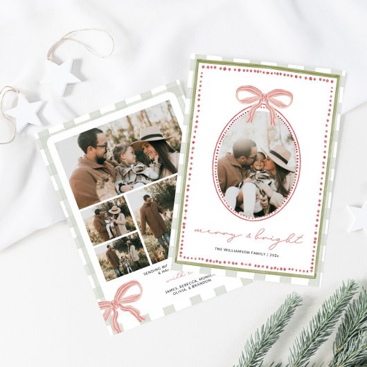 Preppy  Roze Bow Familie Foto Kerst Feestdagenkaart