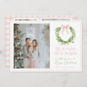 Preppy Roze Bow Krans Geplaagd Kerstmis Feestdagenkaart (Voorkant / Achterkant)