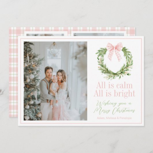 Preppy Roze Bow Krans Geplaagd Kerstmis Feestdagenkaart (Voorkant / Achterkant)