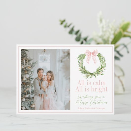 Preppy Roze Bow Krans Geplaagd Kerstmis Feestdagenkaart (Staand voorkant)