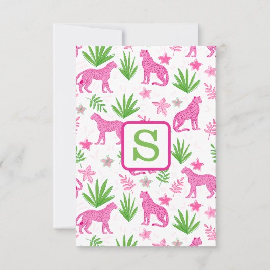 Preppy Roze Cheetah Monogram Wit Bedankkaart (Voorkant)