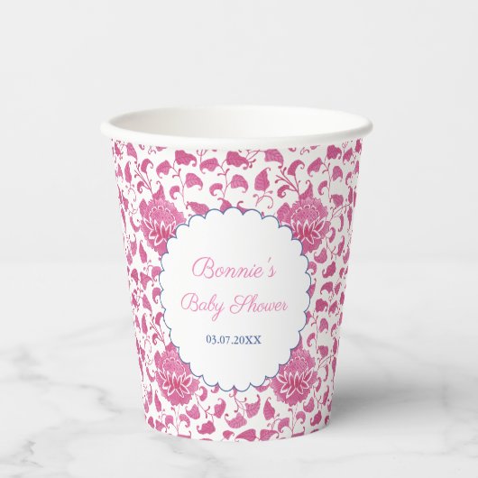 Preppy Roze Chinoiserie Bruiloftsfeest Papieren Bekers (Voorkant)