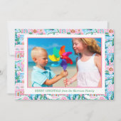 Preppy Roze en Blauw Christmas Village Foto Feestdagenkaart (Voorkant)