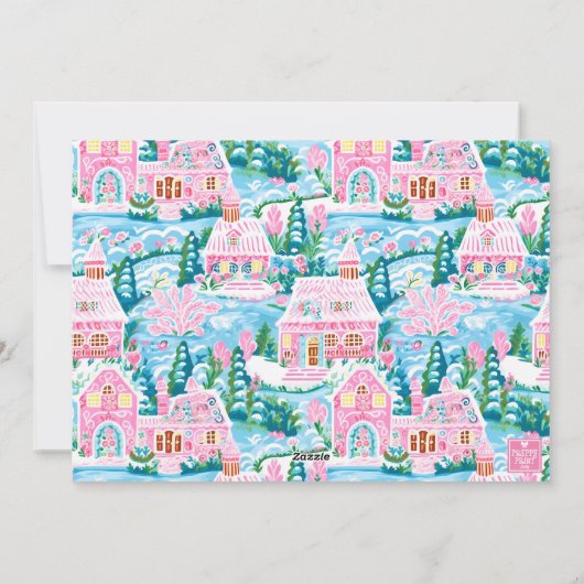 Preppy Roze en Blauw Christmas Village Foto Feestdagenkaart (Achterkant)