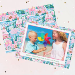 Preppy Roze en Blauw Christmas Village Foto Feestdagenkaart