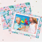 Preppy Roze en Blauw Christmas Village Foto Feestdagenkaart