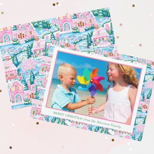 Preppy Roze en Blauw Christmas Village Foto Feestdagenkaart