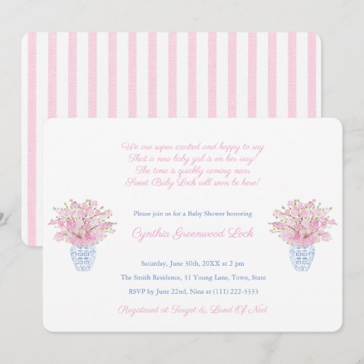 Preppy roze en blauw klein meisje Baby shower Part Kaart (Voorkant / Achterkant)