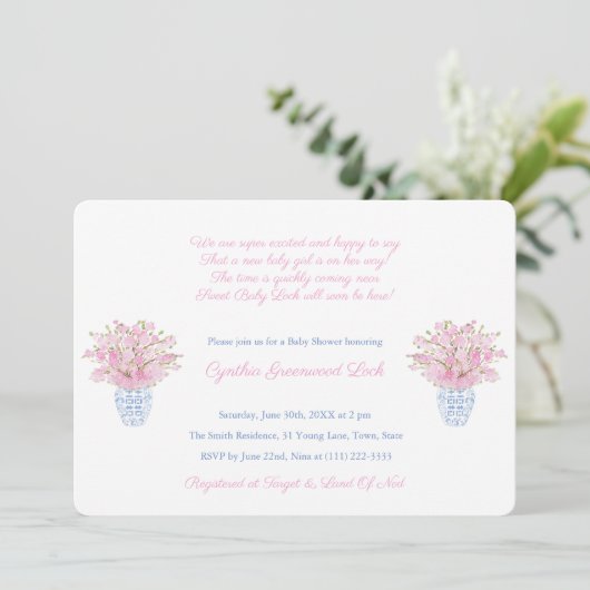 Preppy roze en blauw klein meisje Baby shower Part Kaart (Staand voorkant)