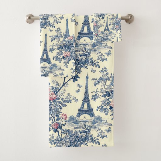 Preppy Roze en Blauw Parijse Eiffeltoren Toile Bad Handdoek (Insitu)