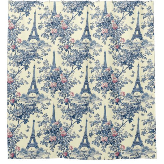 Preppy Roze en Blauw Parijse Eiffeltoren Toile Douchegordijn (Voorkant)