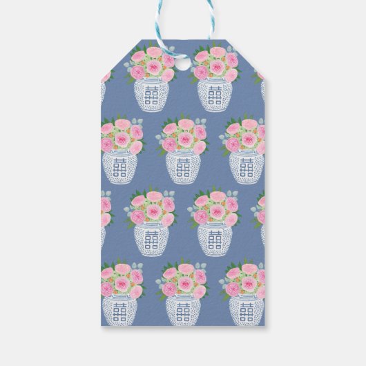 Preppy roze en blauw tuin Rozen bruiloft douche Cadeaulabel (Achterkant)