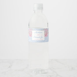 Preppy Roze En Blauwe Chinoiserie Bruiloft Waterfles Etiket