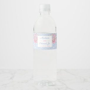 Preppy Roze En Blauwe Chinoiserie Bruiloft Waterfles Etiket