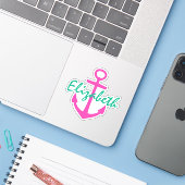 Preppy Roze en Blauwgroen Nautisch Anker Gepersona Sticker (Laptop met iPhone)