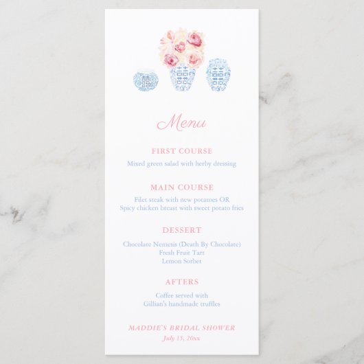 Preppy roze en Bleek blauw klein Baby shower Menu (Voorkant)