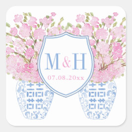 Preppy roze en Blue Wedding Monogram Crest Square Vierkante Sticker