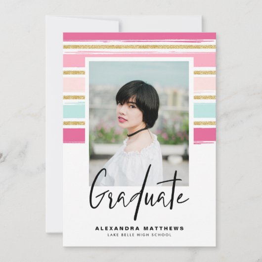 Preppy Roze en Gouden Glitter Foto Afstuderen Kaart (Voorkant)