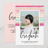 Preppy Roze en Gouden Glitter Foto Afstuderen Kaart (Voorkant / Achterkant)