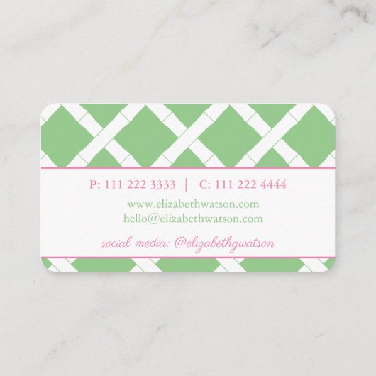 Preppy roze en Green Bamboo Trellis Visitekaartje (Achterkant)