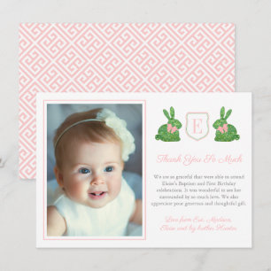 Preppy roze en Green Boxwood Bunny Baptism Foto Bedankkaart