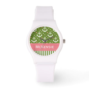 Preppy roze en groen anker nautisch horloge