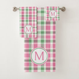 Preppy roze en groen geplakt monogram bad handdoek