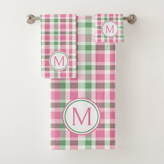 Preppy roze en groen geplakt monogram bad handdoek (Insitu)