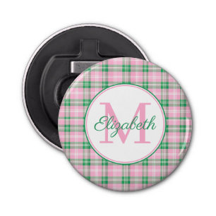 Preppy roze en groen geplakt monogram button flesopener