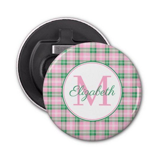 Preppy roze en groen geplakt monogram button flesopener (Voorkant)