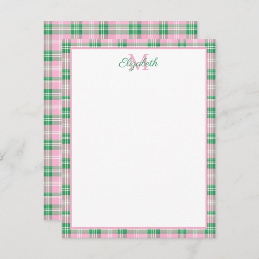 Preppy roze en groen geplakt monogram notitiekaartje (Voorkant / Achterkant)