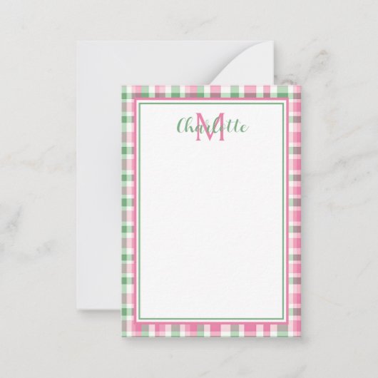 Preppy roze en groen geplakt monogram notitiekaartje (Voorkant)