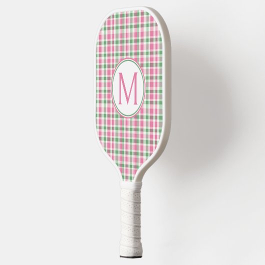Preppy roze en groen geplakt monogram pickleball paddle (Links)