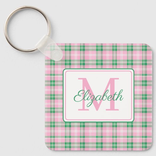 Preppy roze en groen geplakt monogram sleutelhanger (Voorkant)