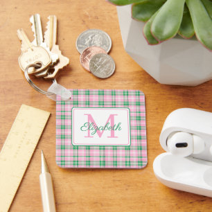 Preppy roze en groen geplakt monogram sleutelhanger