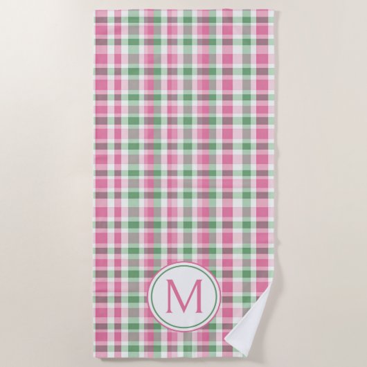 Preppy roze en groen geplakt monogram strandlaken (Voorkant)