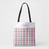 Preppy roze en groen geplakt monogram tote bag (Voorkant)