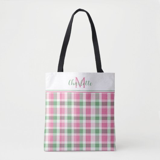 Preppy roze en groen geplakt monogram tote bag (Voorkant)