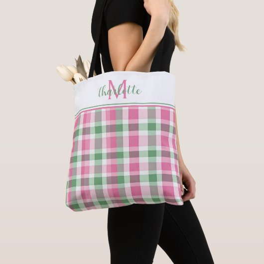 Preppy roze en groen geplakt monogram tote bag (Dichtbij)