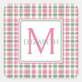 Preppy roze en groen geplakt monogram vierkante sticker