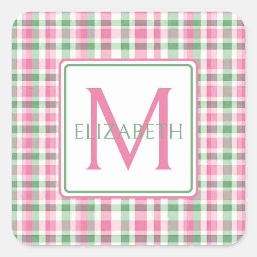 Preppy roze en groen geplakt monogram vierkante sticker (Voorkant)