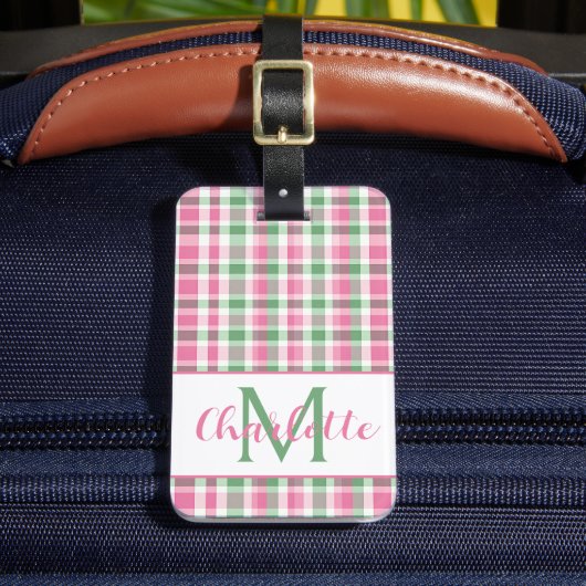 Preppy Roze en Groen Geruit Monogram Bagagelabel (Voorkant Insitu 2)
