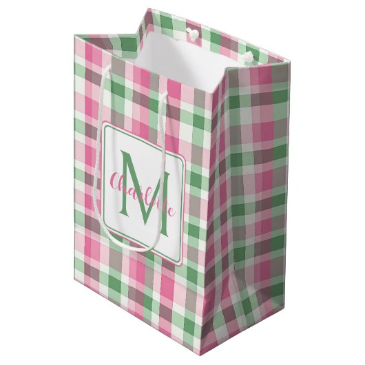 Preppy Roze en Groen Geruit Monogram Medium Cadeauzakje (Voorkant Gekanteld)