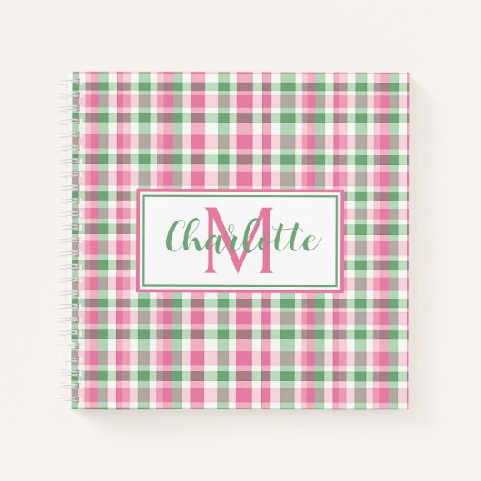 Preppy Roze en Groen Geruit Monogram Notitieboek (Voorkant)